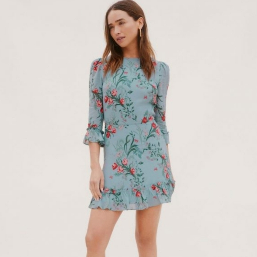Reformation Doutzen‎ Leona Floral Print Mini Dress Sz 0 Blue Party Feminine
